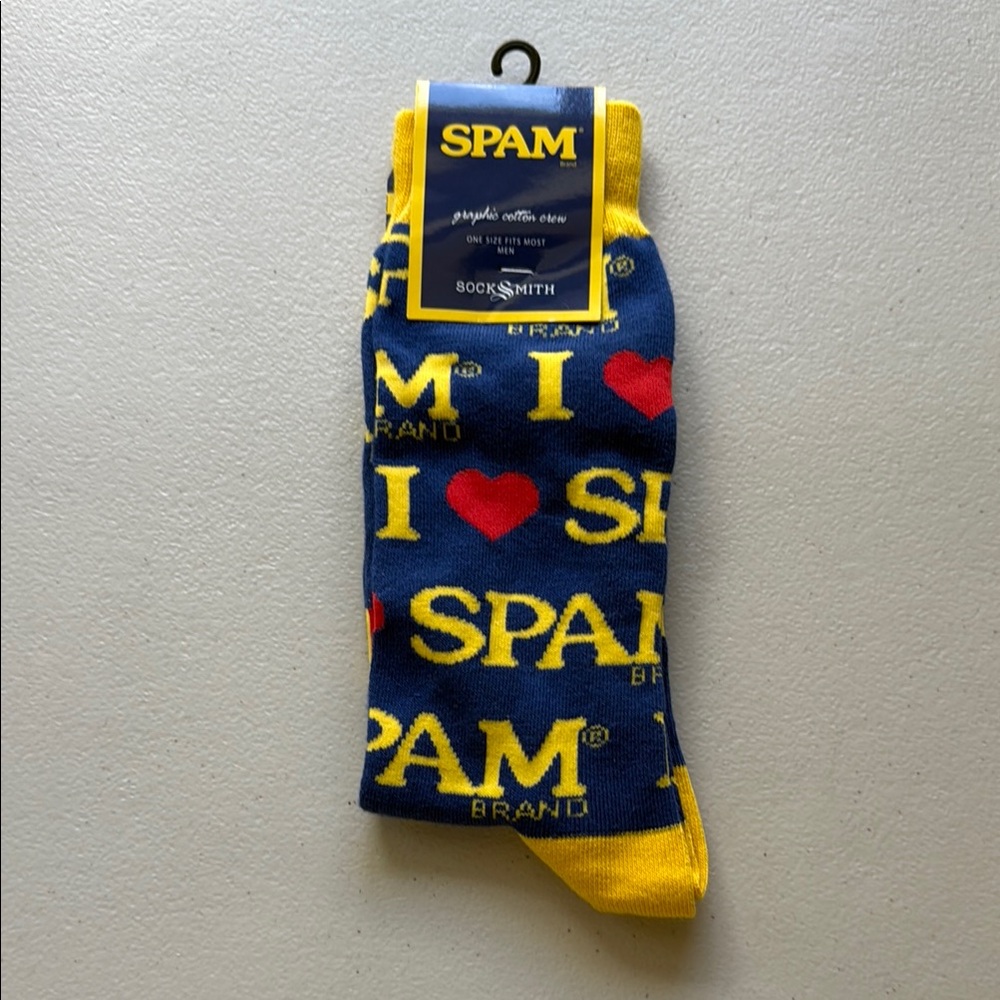 SPAM Branded Navy & Yellow Crew Socks with Red Heart Accent One Size